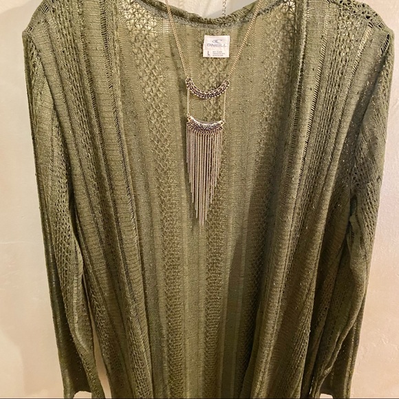 O’Neill Crochet Olive Long Open Cardigan w/ Side Slits-L - Picture 5 of 7